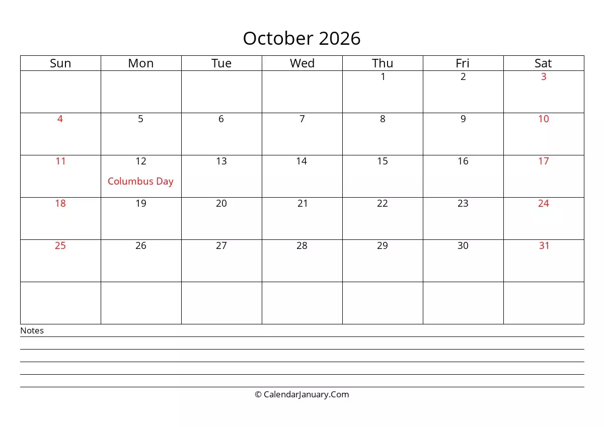 October 2026 Printable Monthly Calendar